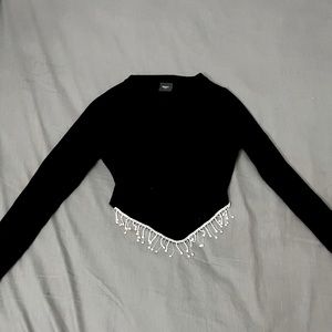 Blanc Clothing Rhinestone Fringe Black Cropped shirt